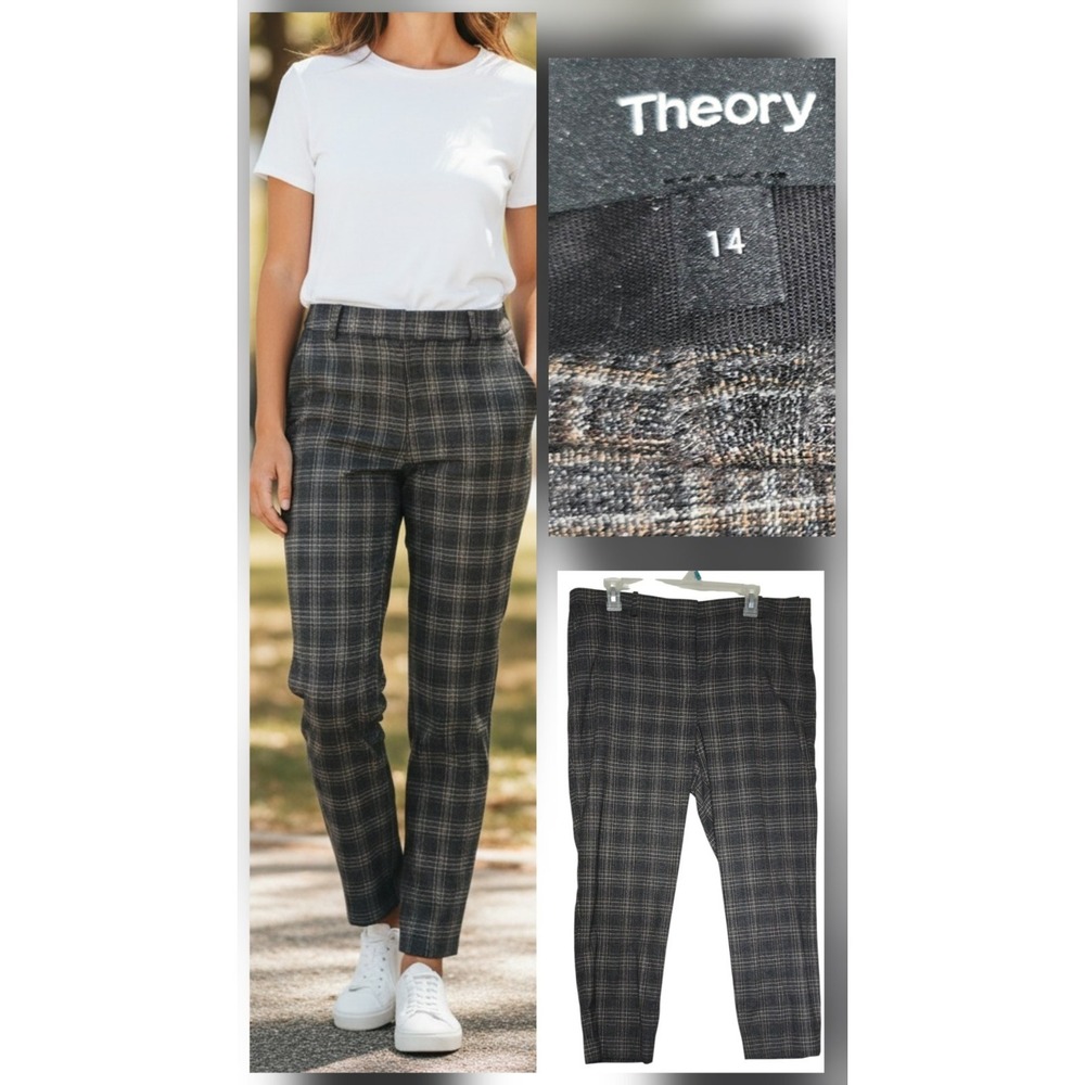 Theory Women's Trousers Size 14 37x26 Auburn Plaid Wool Pleated Cropped "Treeca"